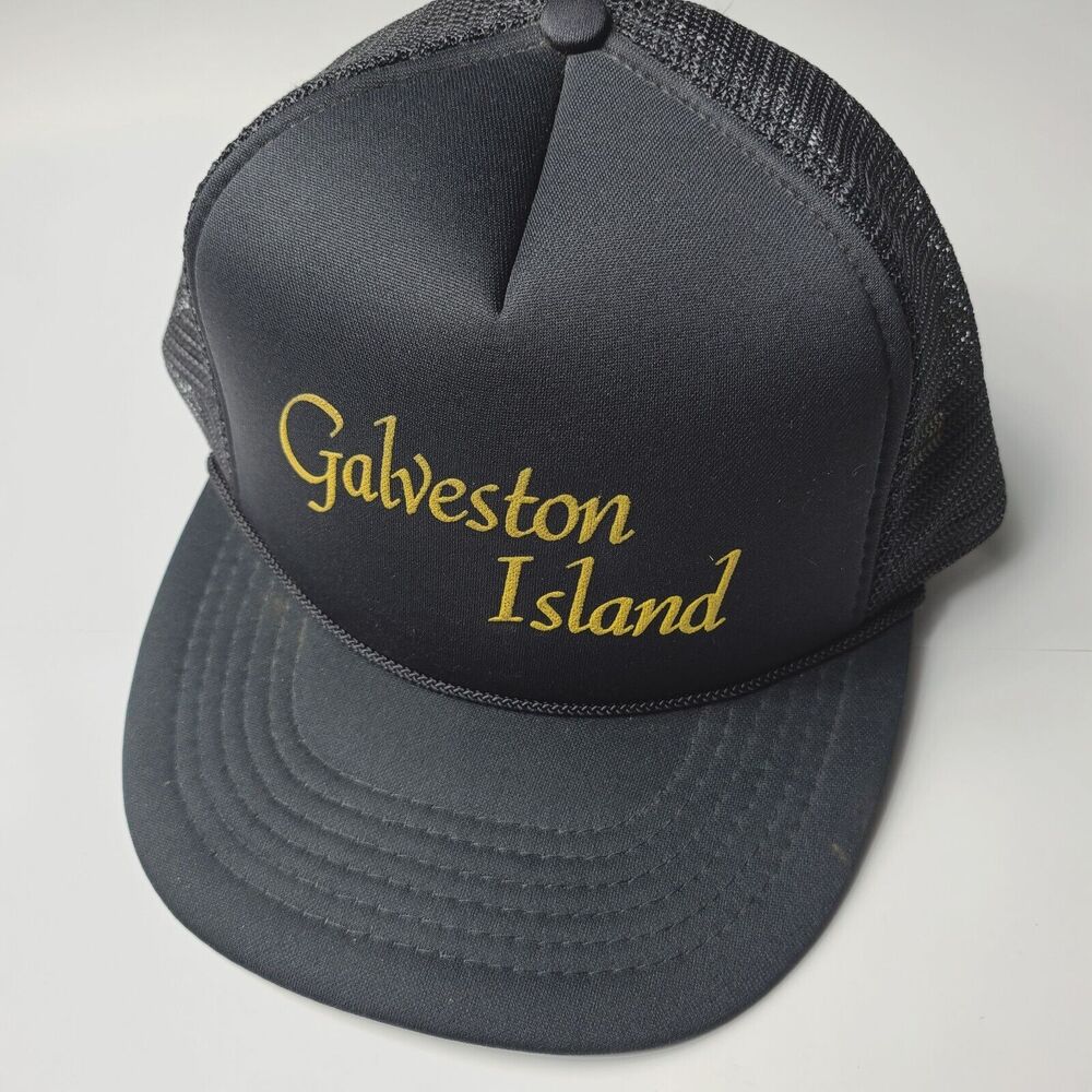 Vintage Galveston Island Beach Club Snapback Black Trucker Hat Headmost